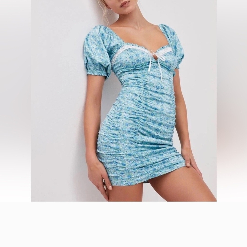 For Love And Lemons Sky Blue Floral Mini Dress